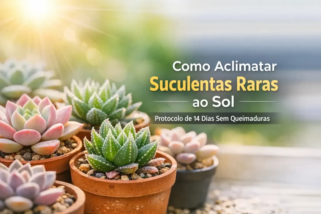 Suculentas em vasos terracota mostrando formas e cores variadas sob luz solar