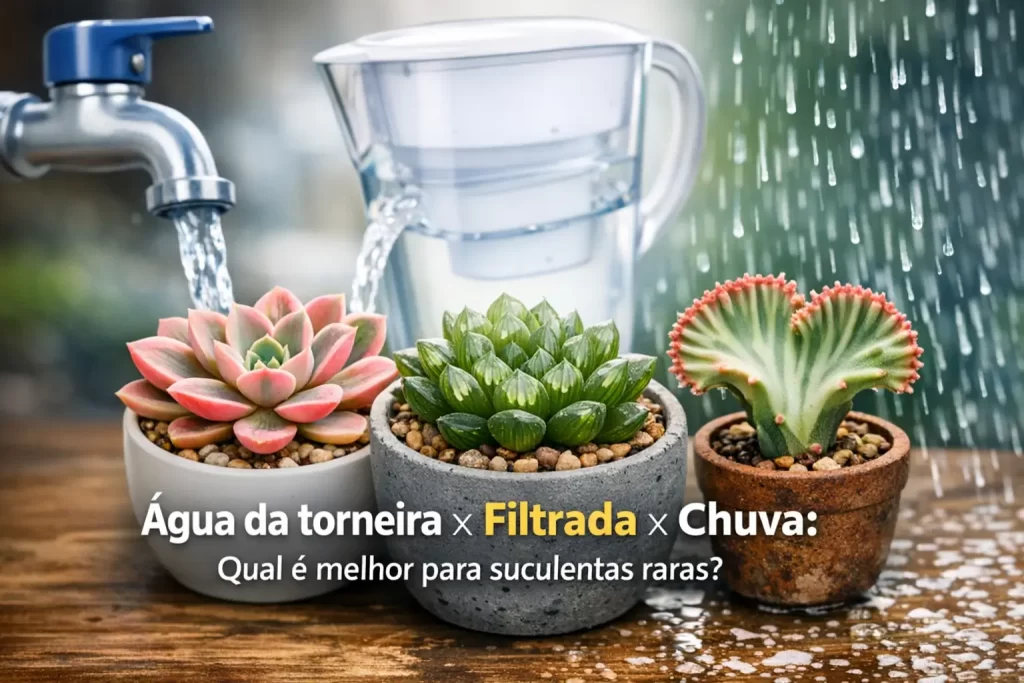 Suculentas raras ao lado de jarro sendo preenchido com água da torneira