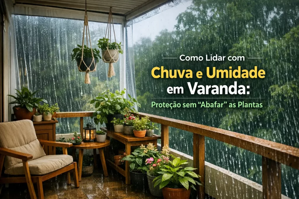 Varanda aconchegante com plantas durante dia chuvoso e dicas para proteção
