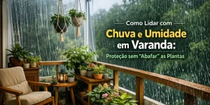 Varanda aconchegante com plantas durante dia chuvoso e dicas para proteção