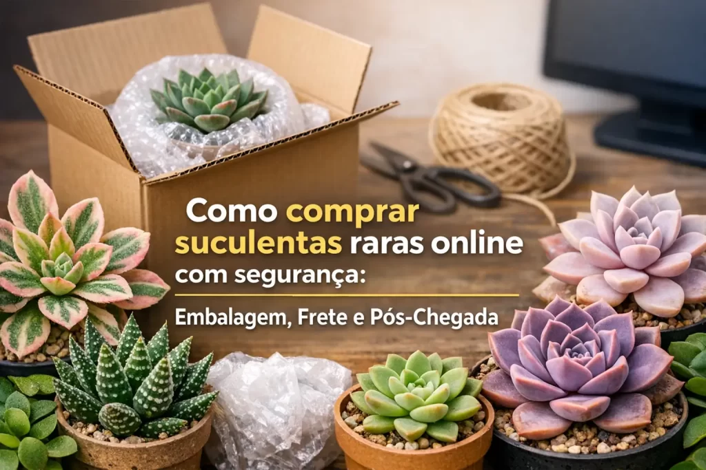 Plantas suculentas e caixa de embalagem com foco em segurança na compra online
