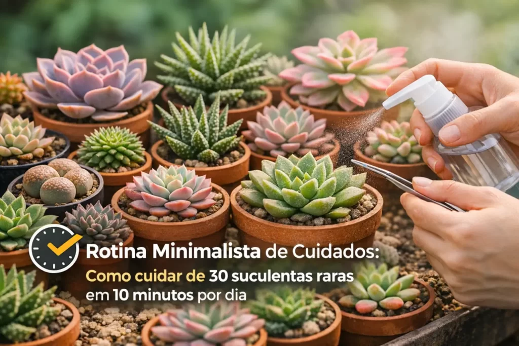 Cuidados minimalistas para suculentas raras com borrifador em vasos