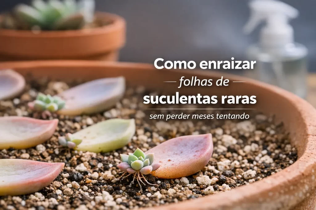 Folhas de suculentas raras enraizando em pote de terracota com brotos