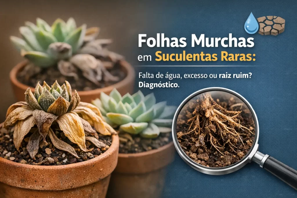 Suculentas em vasos de terracota com lupa destacando raízes marrons e doentes