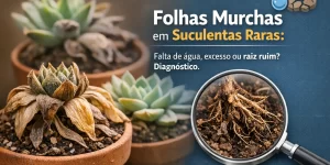 Suculentas em vasos de terracota com lupa destacando raízes marrons e doentes