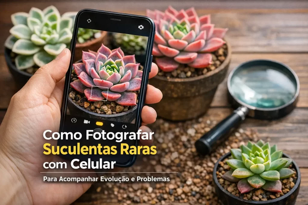Mão fotografando suculenta rara com celular, foco em planta verde e rosa em vaso de pedra.