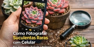 Mão fotografando suculenta rara com celular, foco em planta verde e rosa em vaso de pedra.