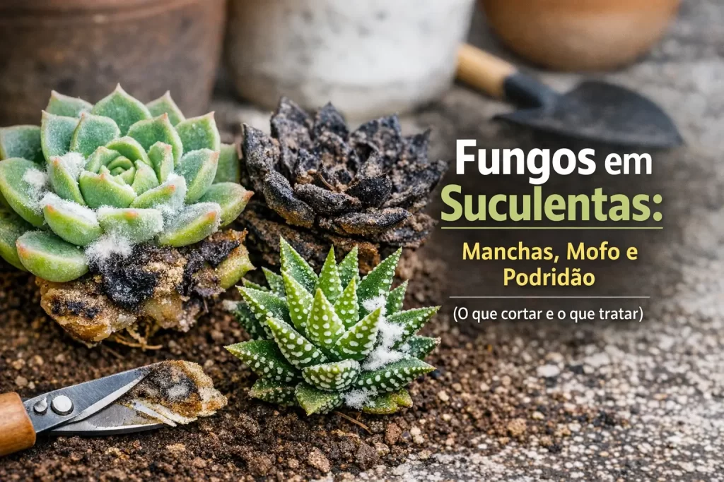 Três suculentas no solo com diferentes condições, foco em mofo e apodrecimento