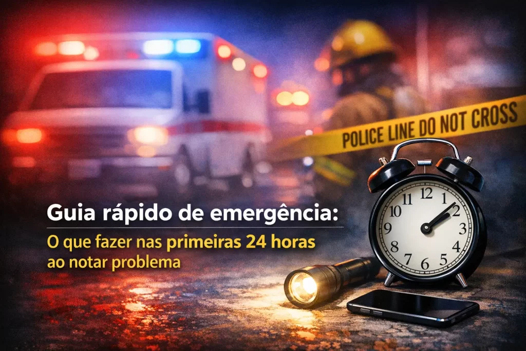 Guia rápido de emergência com bombeiro e ambulância em fundo desfocado