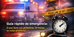 Guia rápido de emergência com bombeiro e ambulância em fundo desfocado