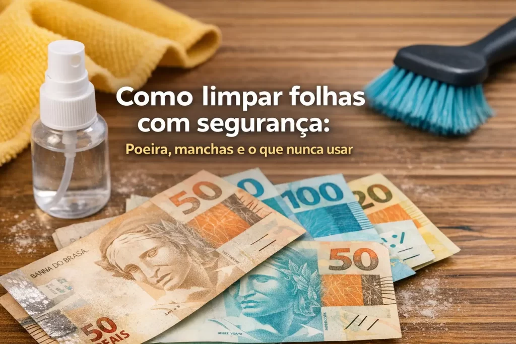 Notas de 20, 50 e 100 reais sobre mesa com pano e escova para limpeza
