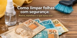 Notas de 20, 50 e 100 reais sobre mesa com pano e escova para limpeza