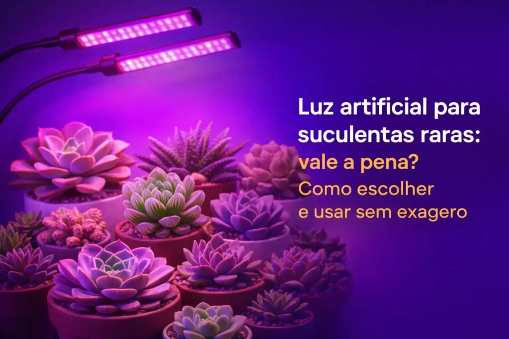 Luz artificial para suculentas raras com ambiente roxo e plantas vibrantes