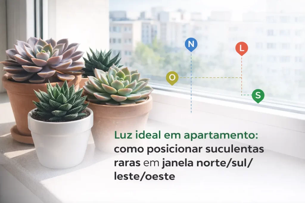 Suculentas raras em vasos sobre parapeito com luz ideal no apartamento e direções N S E W.