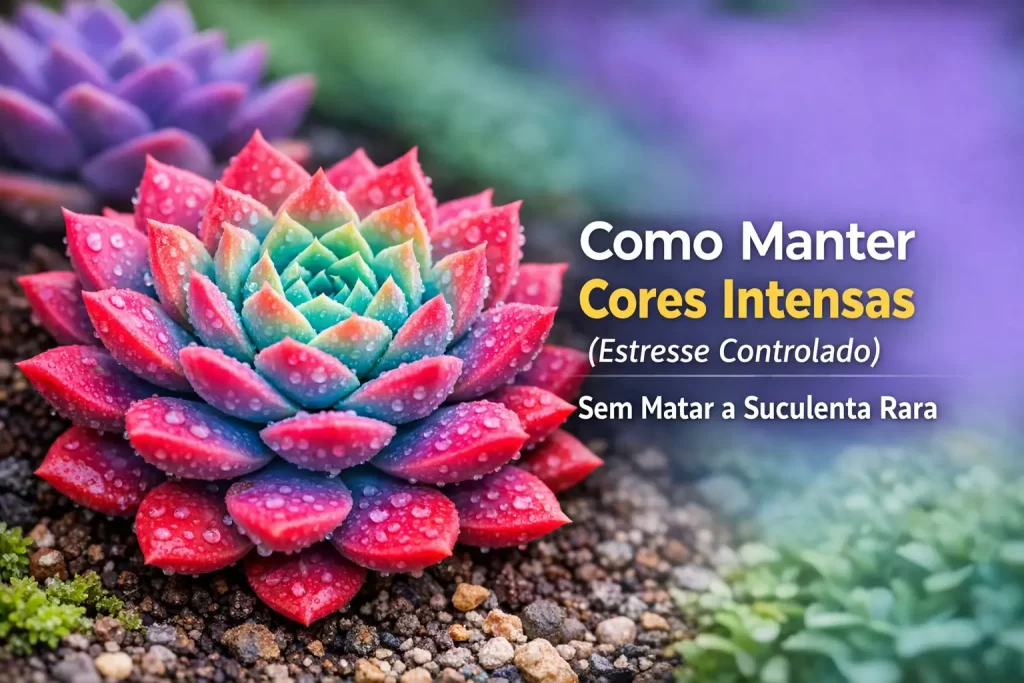 Suculenta colorida com gotas d'água e contraste vibrante ao fundo.