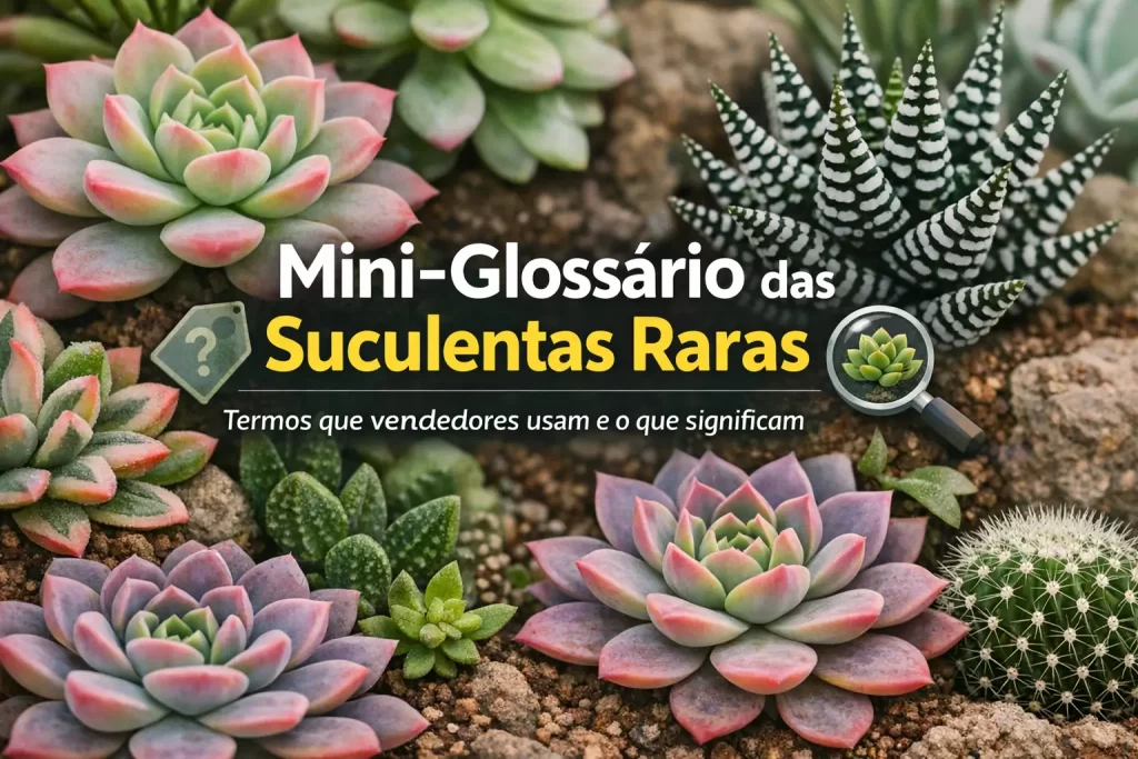 Arranjo de suculentas raras com várias cores e texturas em ambiente natural.