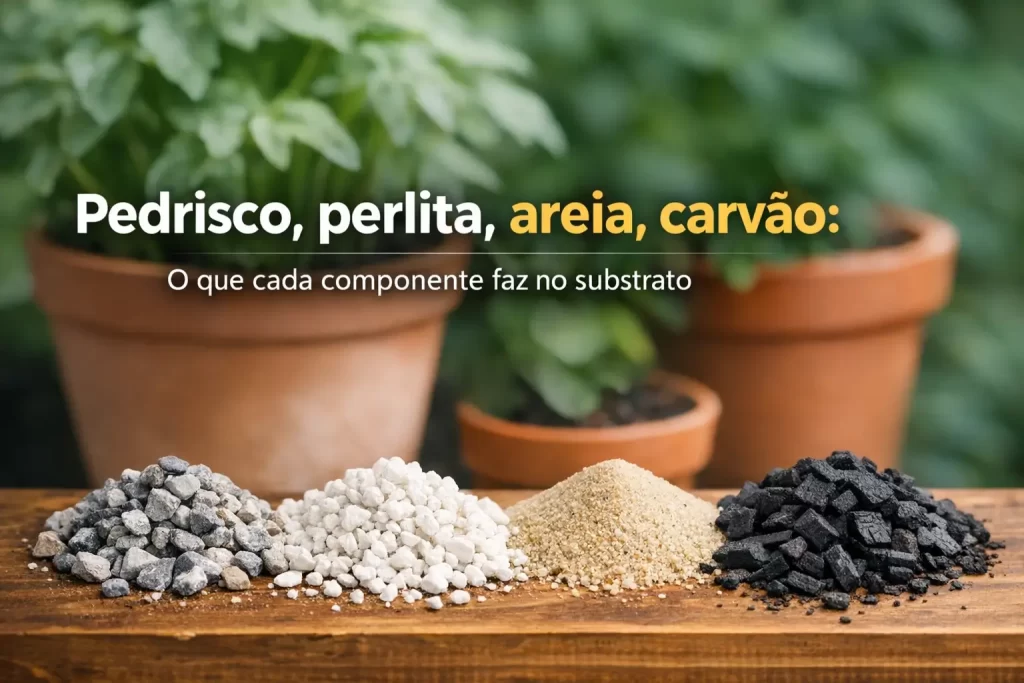Componentes de substrato: pedrisco, perlita, areia e carvão com plantas ao fundo
