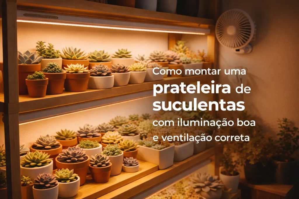Prateleira com suculentas bem iluminada e ventilada, organizada com charme