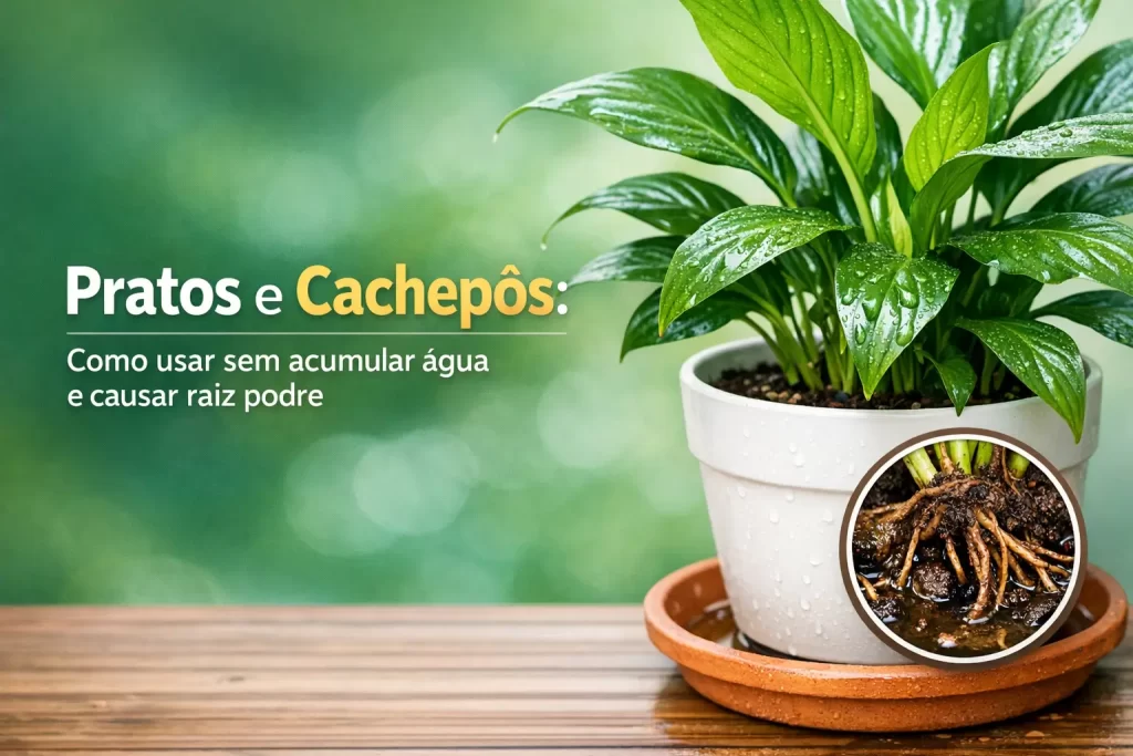 Planta saudável com gotas de água em prato terracota e raízes visíveis