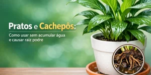 Planta saudável com gotas de água em prato terracota e raízes visíveis