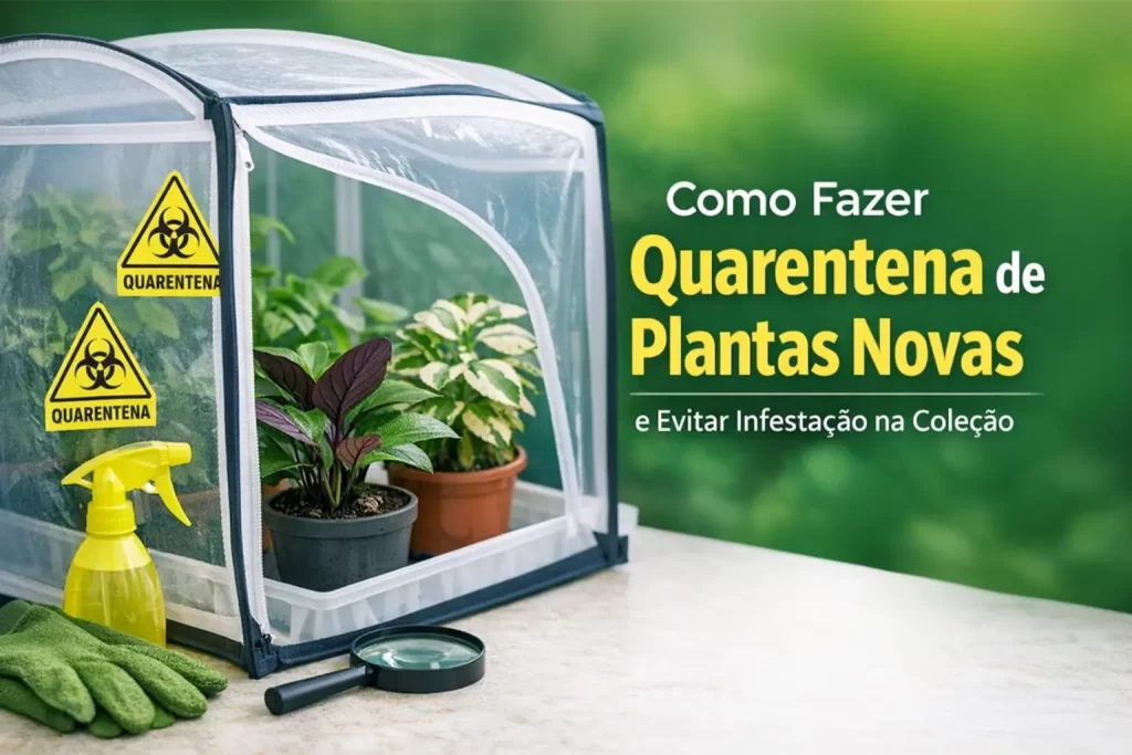 Estufa transparente com sinais de quarentena e plantas em vaso com fundo verde desfocado