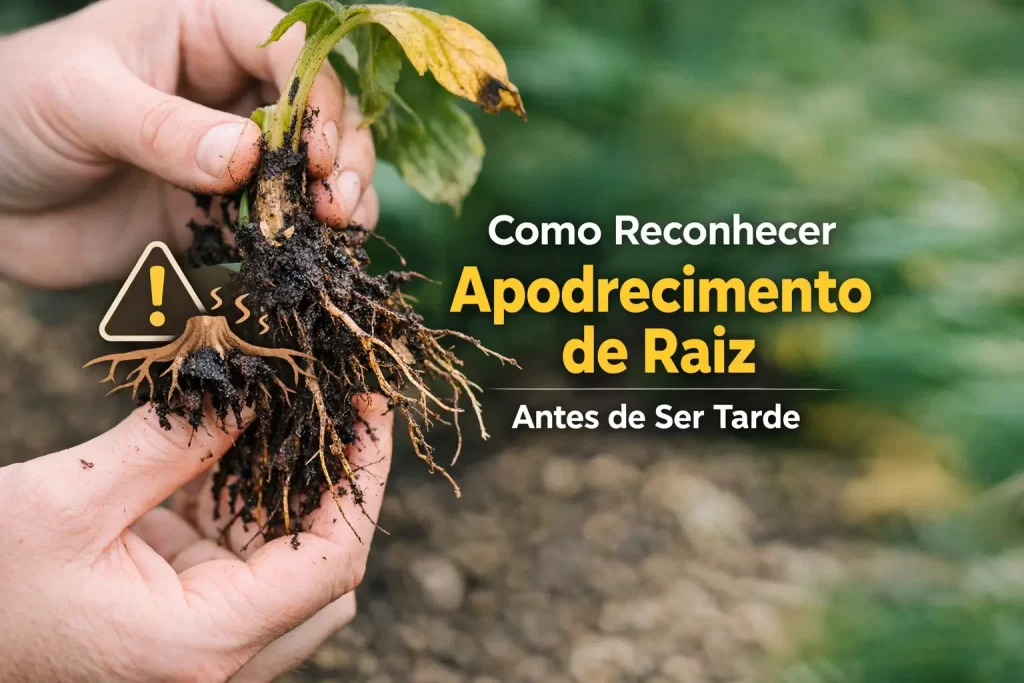 Mãos segurando planta com raízes apodrecidas e alerta sobre podridão