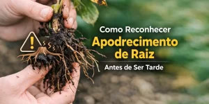 Mãos segurando planta com raízes apodrecidas e alerta sobre podridão