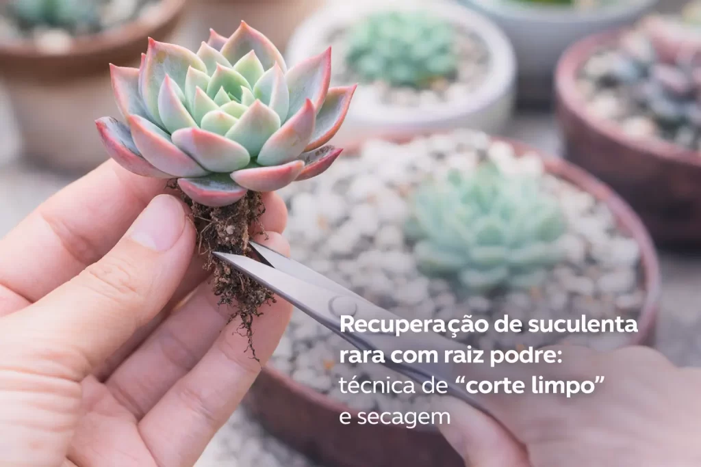 Mão podando raízes de suculenta com folhas verdes e rosas para recuperação