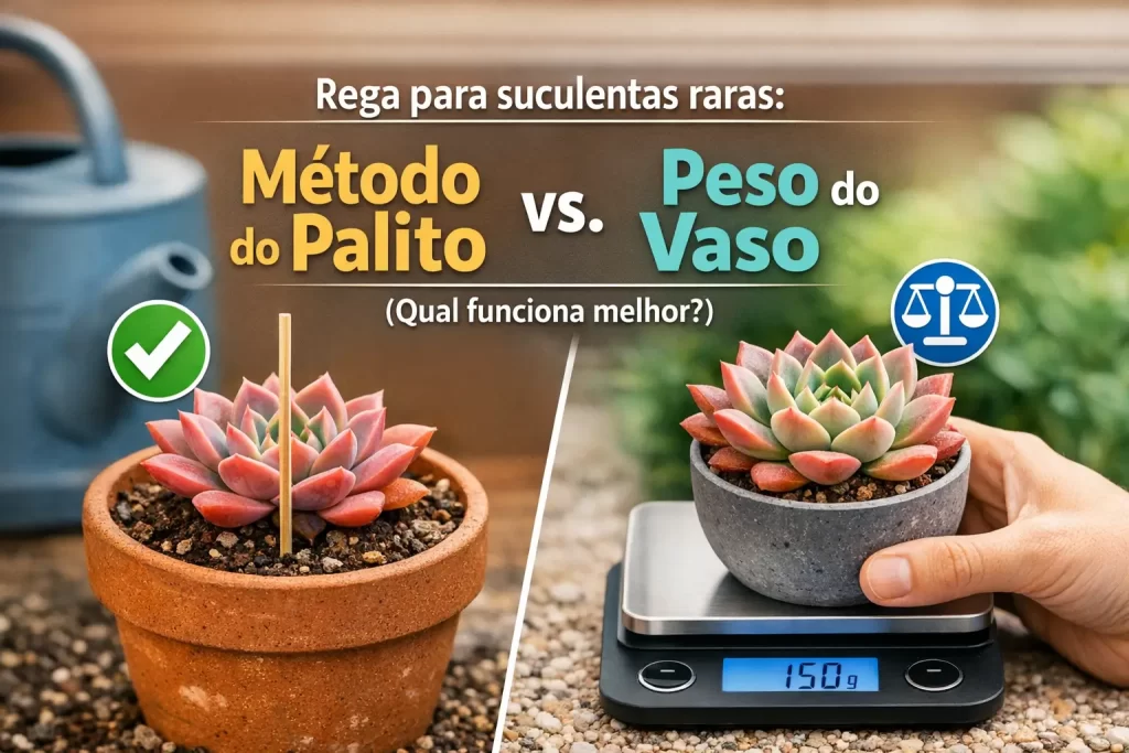 Método do Palito e Peso do Vaso comparados para regar suculentas raras