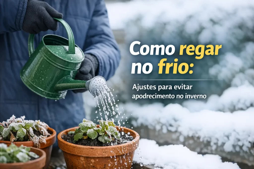Pessoa regando plantas no inverno com regador verde, prevenindo apodrecimento