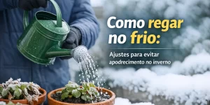 Pessoa regando plantas no inverno com regador verde, prevenindo apodrecimento