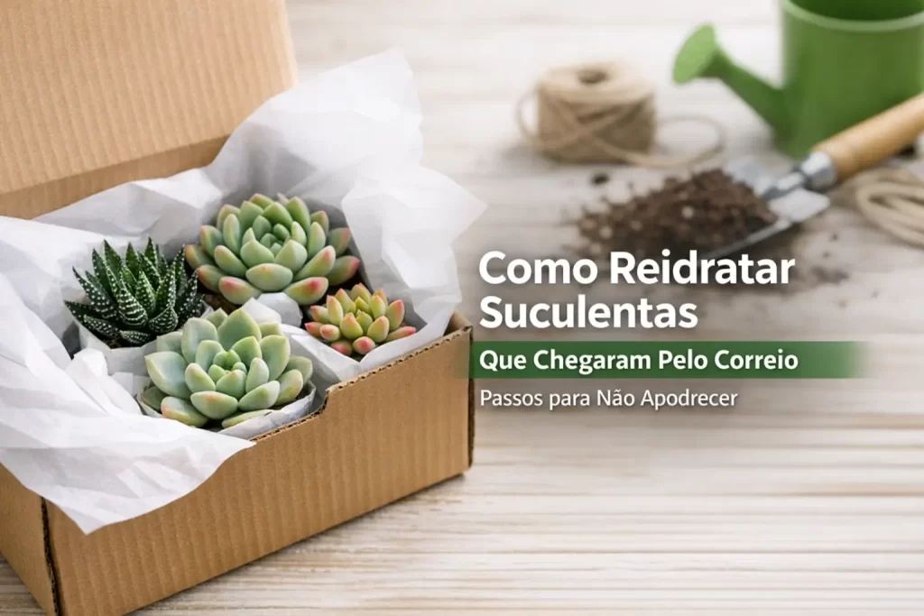 Caixa com suculentas variadas sobre superfície de madeira com regador e ferramentas