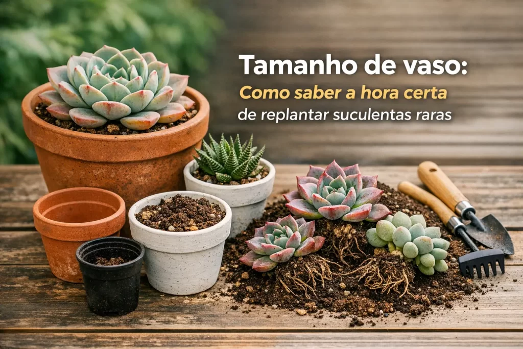 Suculentas em vários vasos sobre mesa com ferramentas de jardinagem e texto sobre replantio