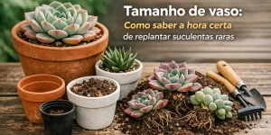 Suculentas em vários vasos sobre mesa com ferramentas de jardinagem e texto sobre replantio