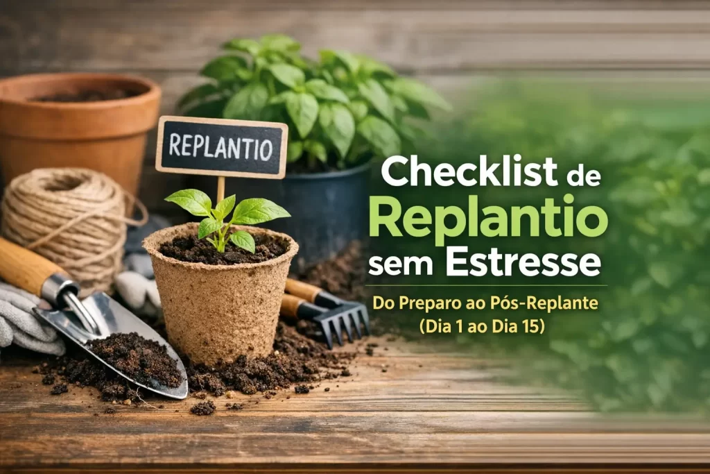 Cena de jardinagem com checklist "Checklist de Replantio sem Estresse" e planta em vaso biodegradável.