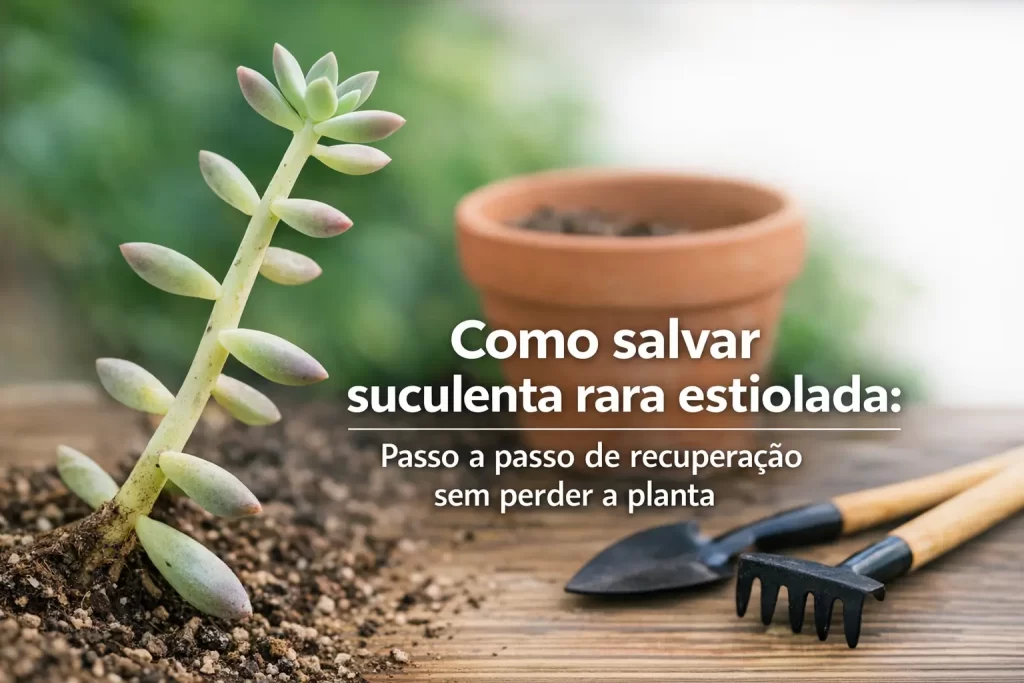 Suculenta rara estiolada com ferramentas de jardinagem e texto informativo