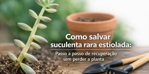 Suculenta rara estiolada com ferramentas de jardinagem e texto informativo