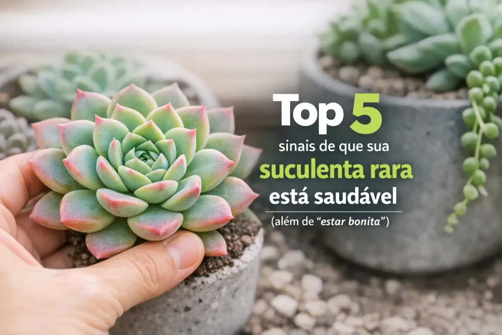 Suculenta saudável sendo segurada, com folhas verdes vibrantes e pontas rosadas