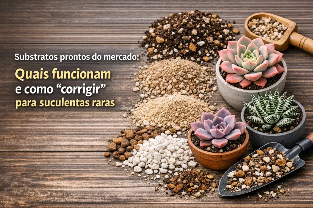 Substratos e suculentas vibrantes em vasos decorativos sobre mesa de madeira