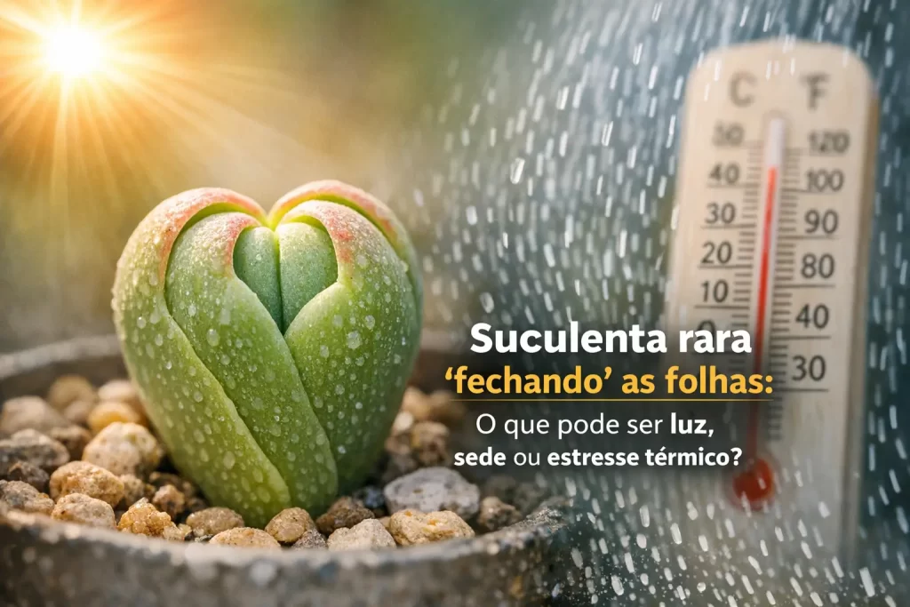 Suculenta rara com folhas em forma de coração, gotas suaves de água visíveis no vaso com pedras.