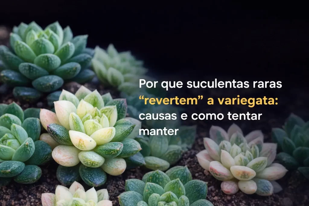 Suculentas raras com folhas verdes e variegadas destacadas em fundo escuro