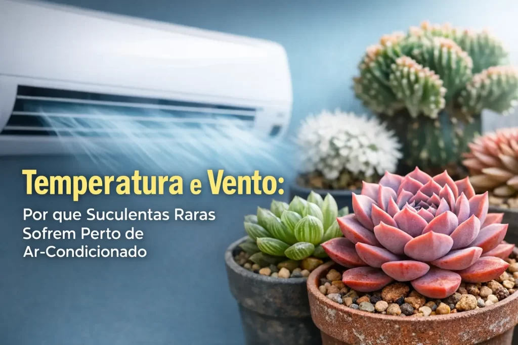 Suculentas e cactos em vasos de barro perto de ar-condicionado