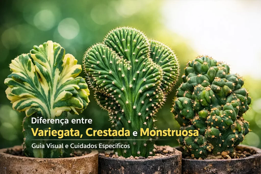 Três cactos em vasos redondos, destacando variedades únicas com fundo desfocado