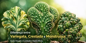 Três cactos em vasos redondos, destacando variedades únicas com fundo desfocado