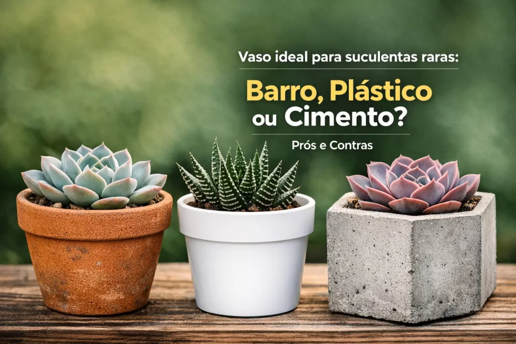 Suculentas em vasos de terracota, cerâmica e concreto destacadas com texto sobre escolhas ideais para brasileiros 2026.